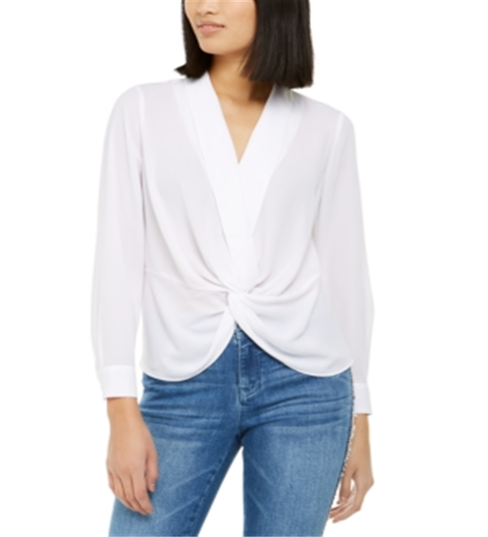 INC Women's Gathered Front Long Sleeve Collared Top  White Size Medium