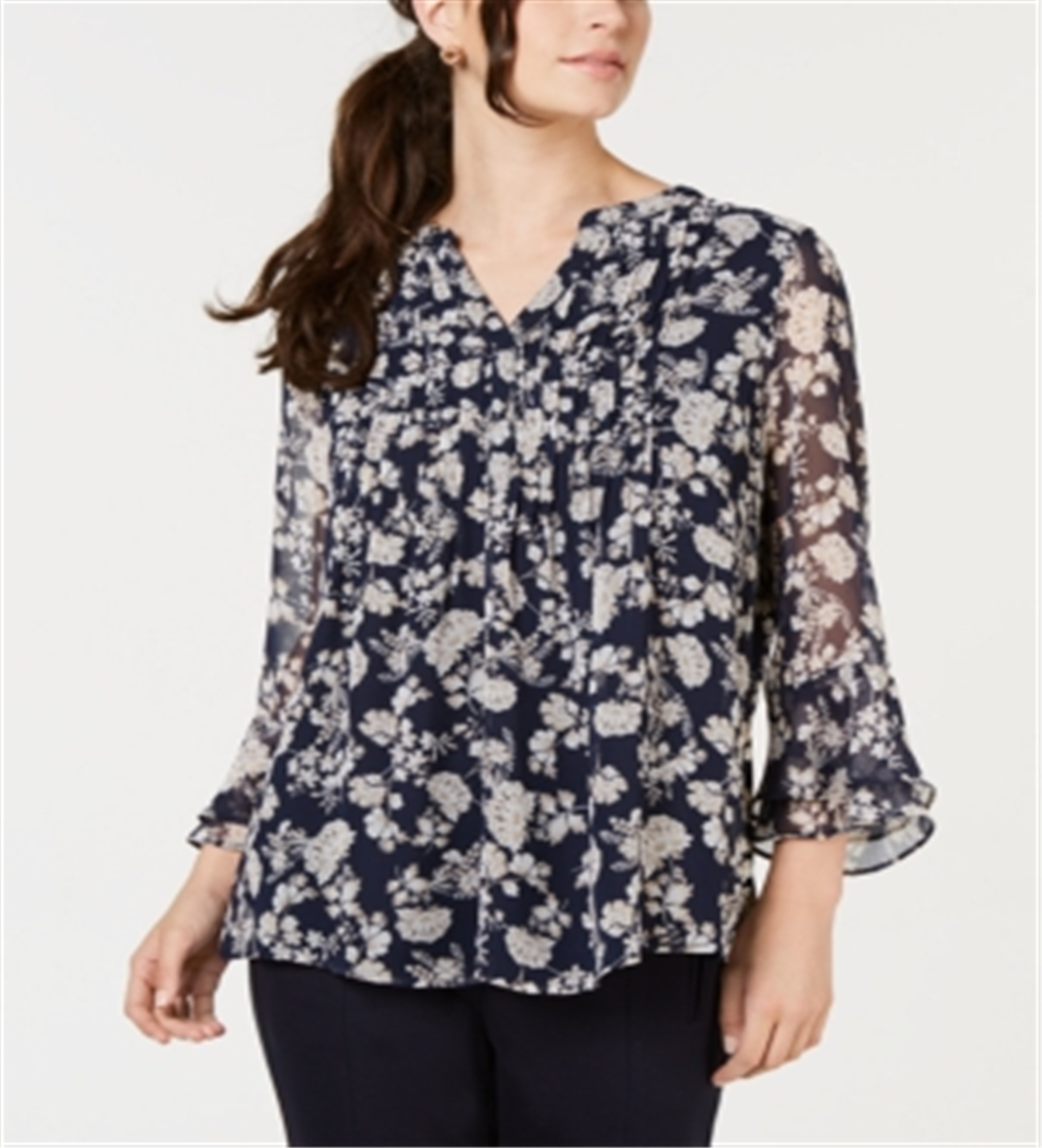 Charter Club Women's Printed Pintuck Top Blue Size XX-Large