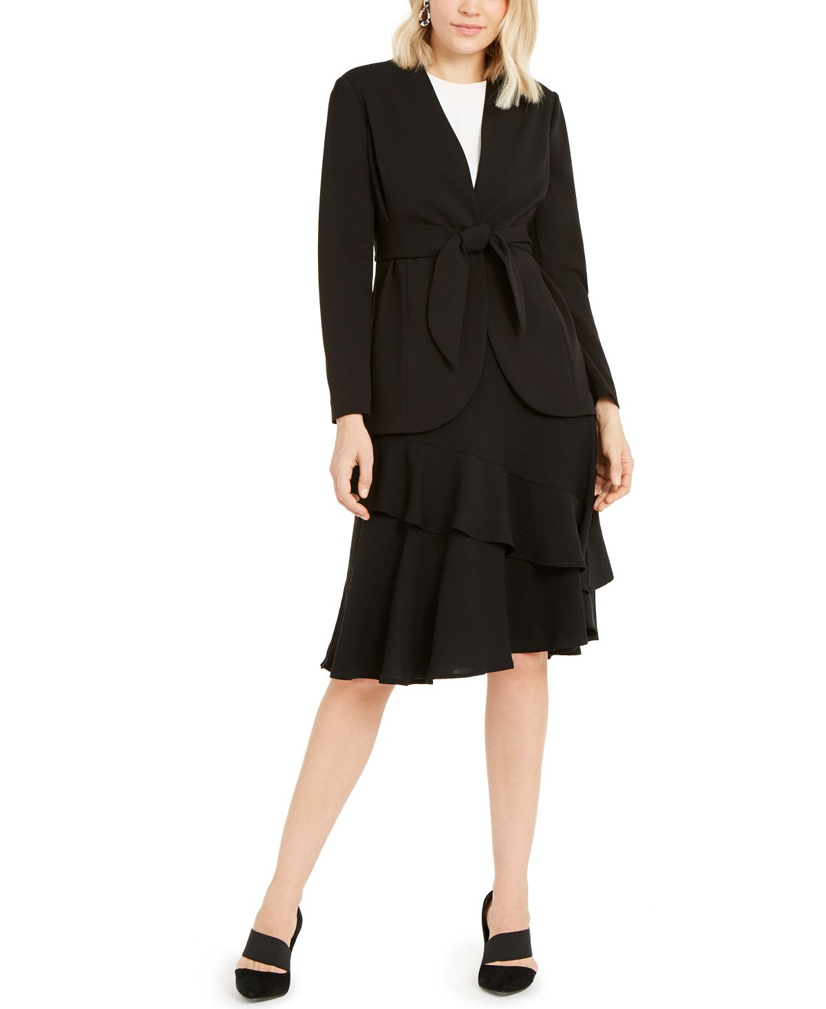 Alfani Women's Tie Waist Collarless Blazer Black Size 14