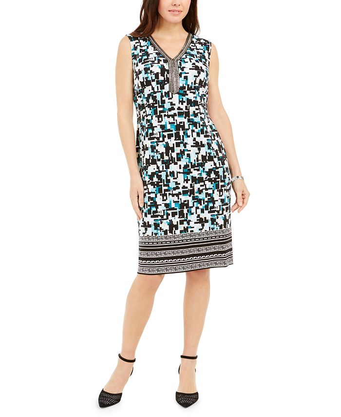 JM Collection Women's Printed Beaded Sleeveless Dress Blue Size Large