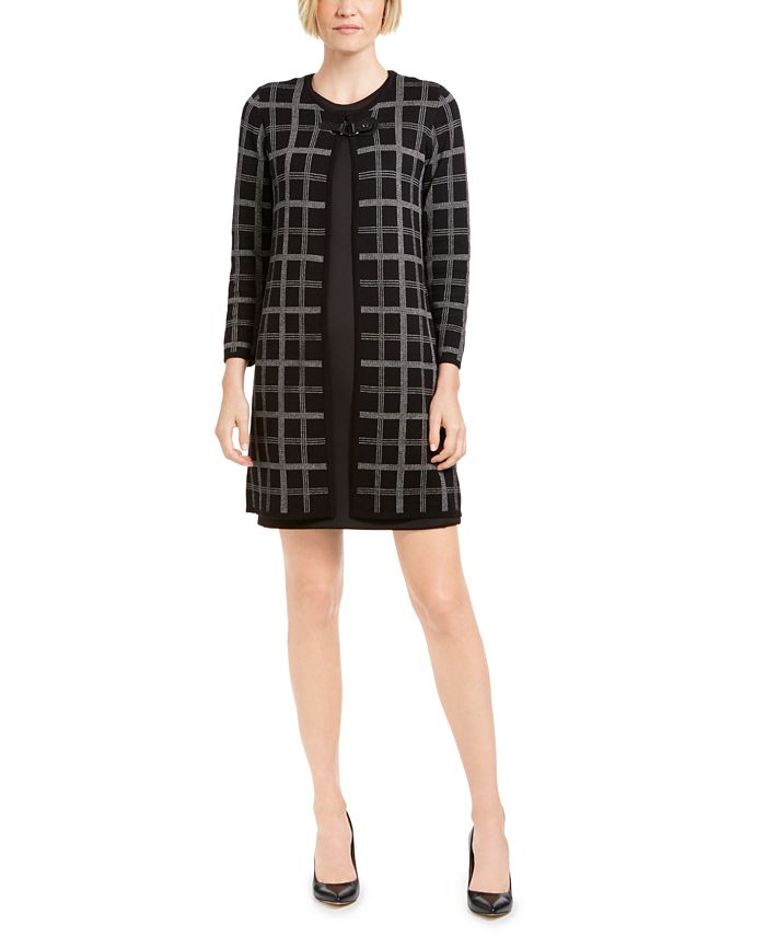 Kasper Women's Patterned Open Cardigan Sweater Black Size Petite Large
