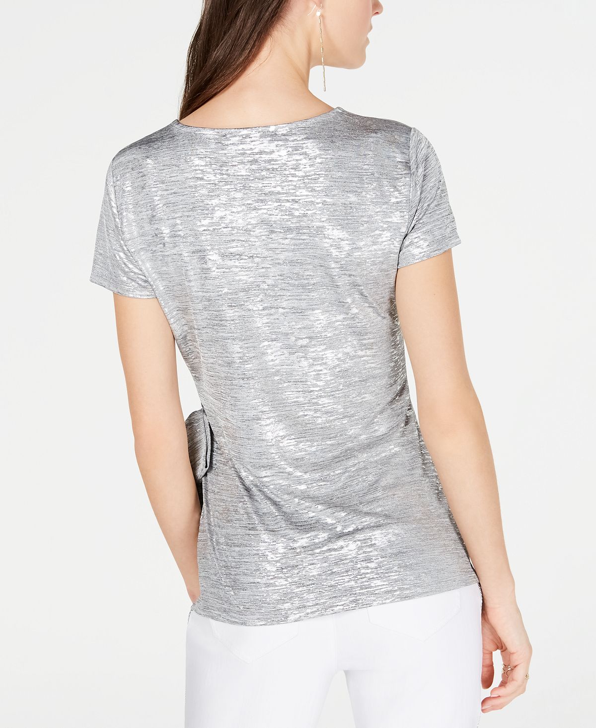 INC International Concepts Women's Blouse Metallic Side Tie Shine Top Silver Size Small