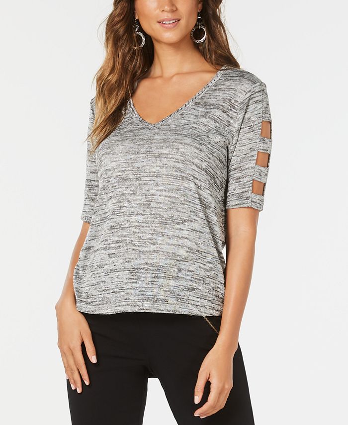 Thalia Sodi Women's Metallic Heathered Cutout Sleeve Top Gray Size Medium