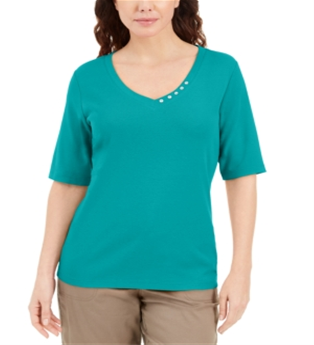 Karen Scott Women's Button Detail V Neck Top Green Size XX-Large