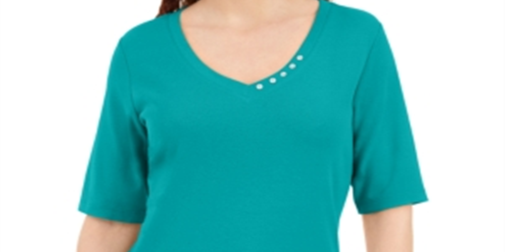 Karen Scott Women's Button Detail V Neck Top Green Size XX-Large
