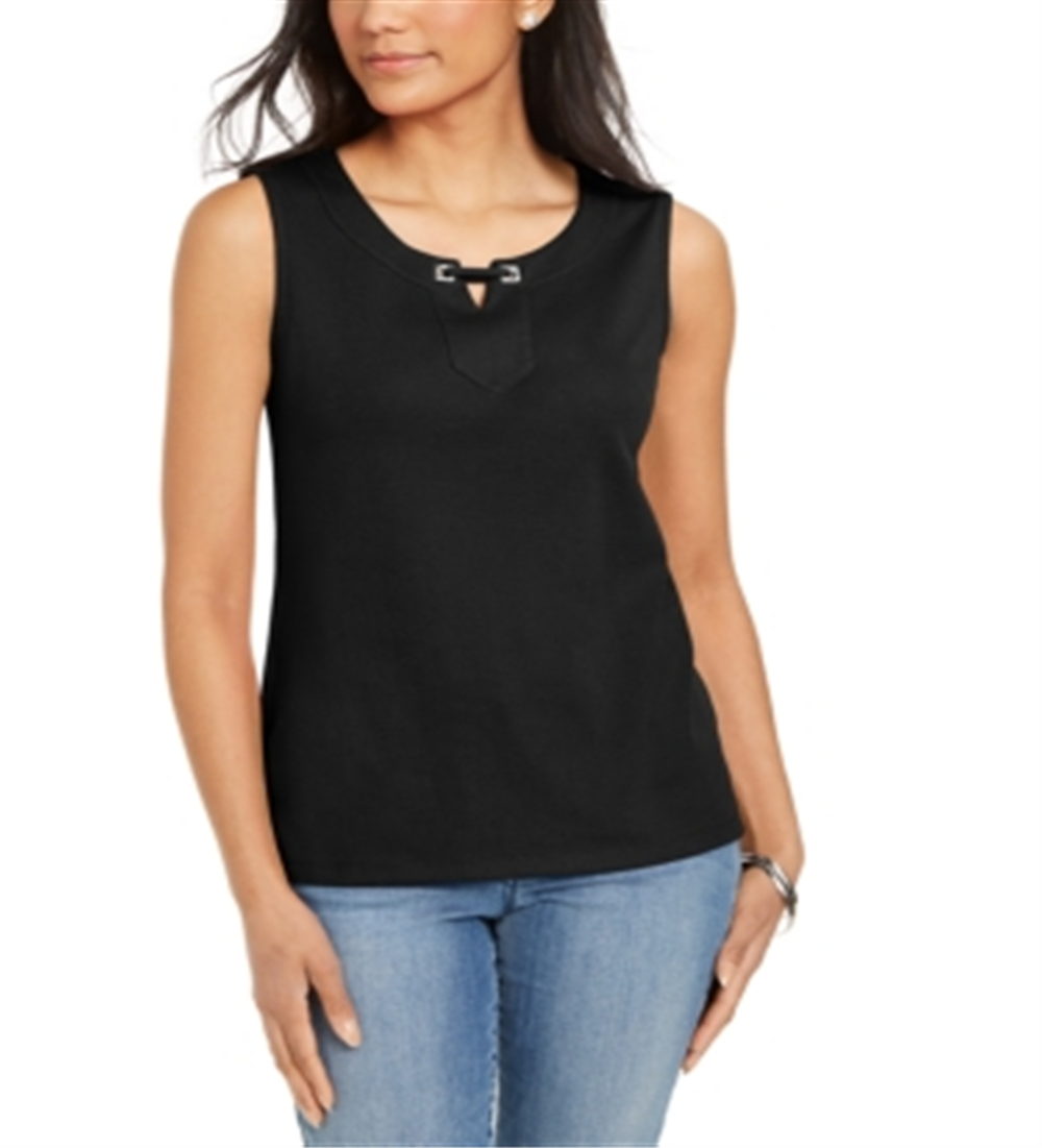 Karen Scott Women's Grommet Trim Tank Top Black Size Large