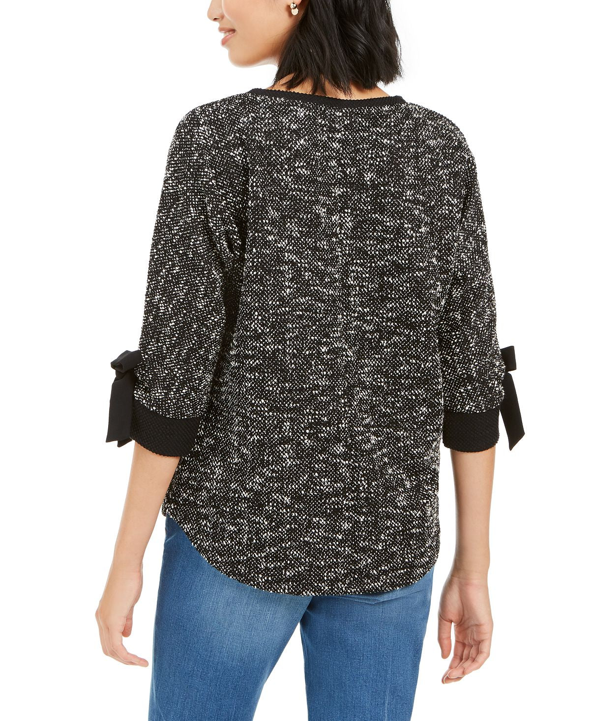 Charter Club Women's Bow Cuff Marled Top Black Size Petite S