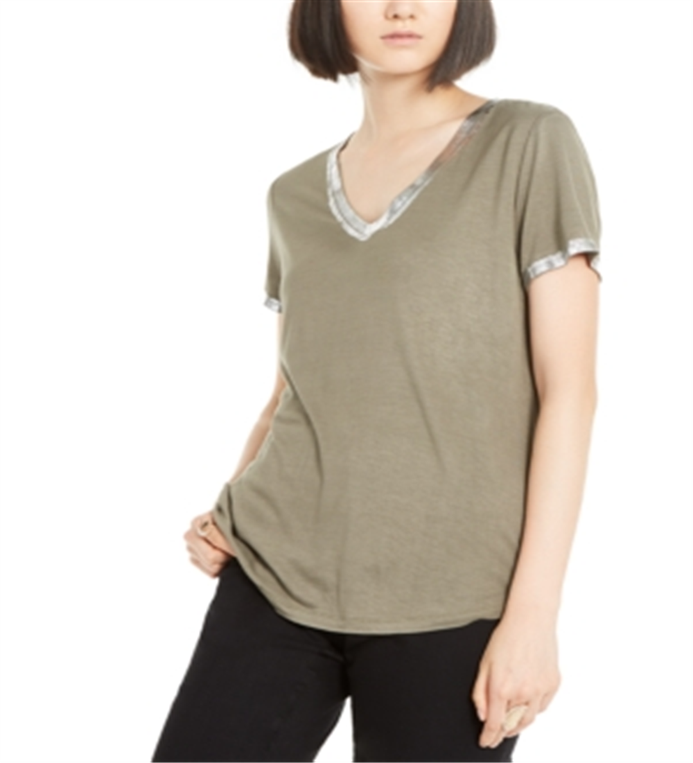 INC International Concepts Women's Metallic Trim T-Shirt Green Size X-Small