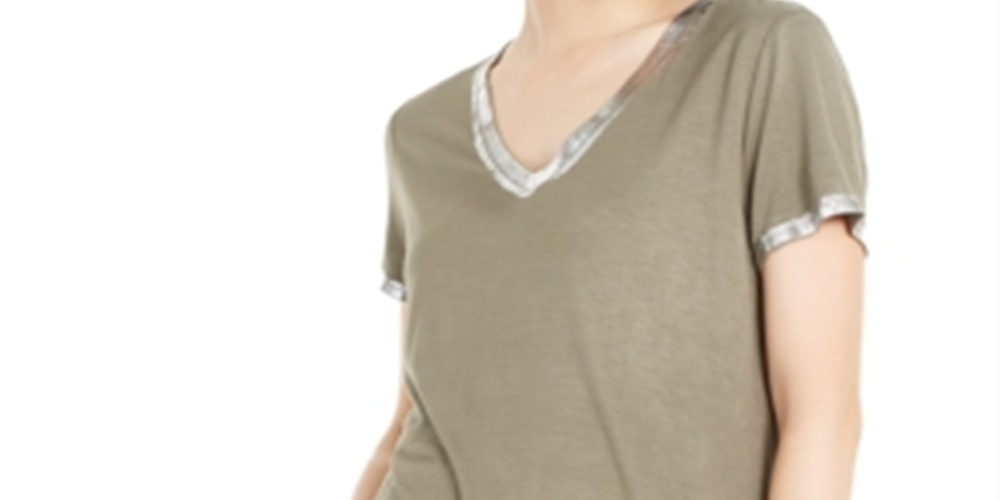 INC International Concepts Women's Metallic Trim T-Shirt Green Size X-Small