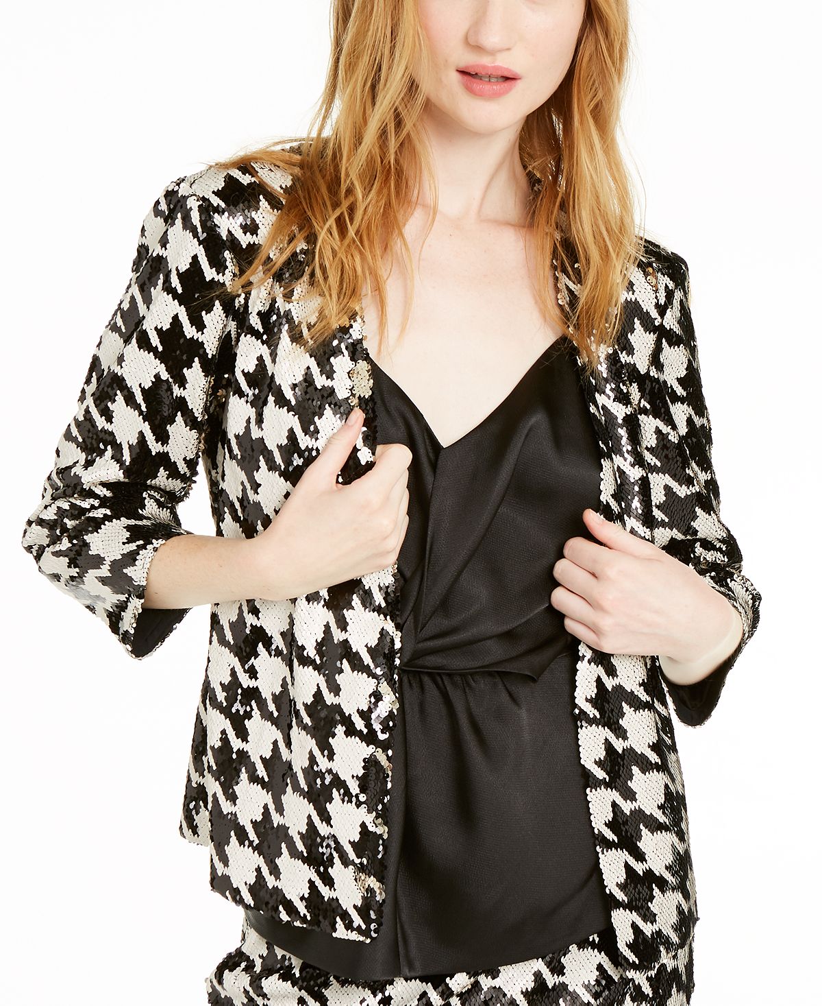 INC International Concepts Women's Sequined Houndstooth Jacket Black Size X-Small