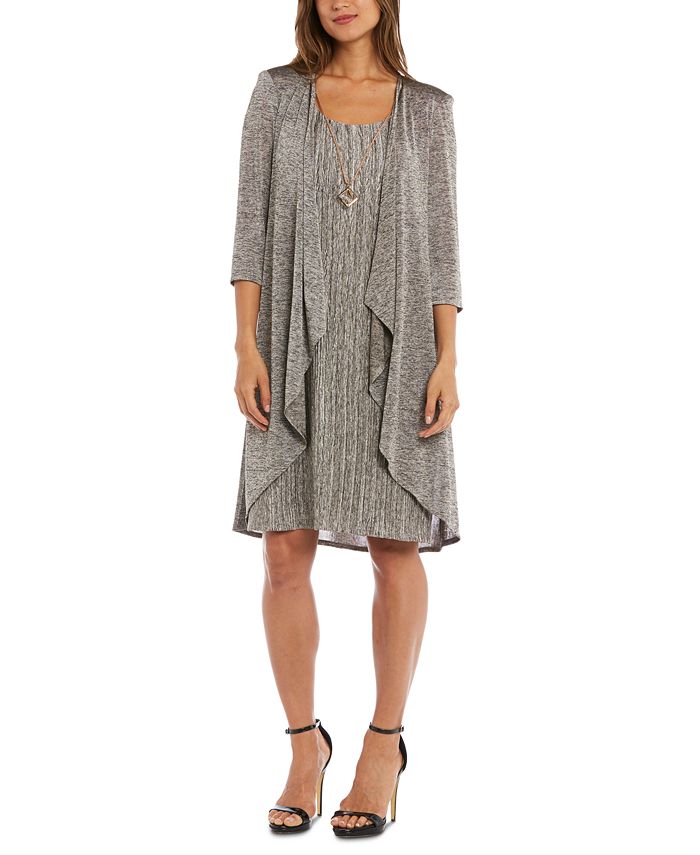 R & M Richards Women's Pleated Metallic Dress Jacket & Necklace Brown Size 12 Petite