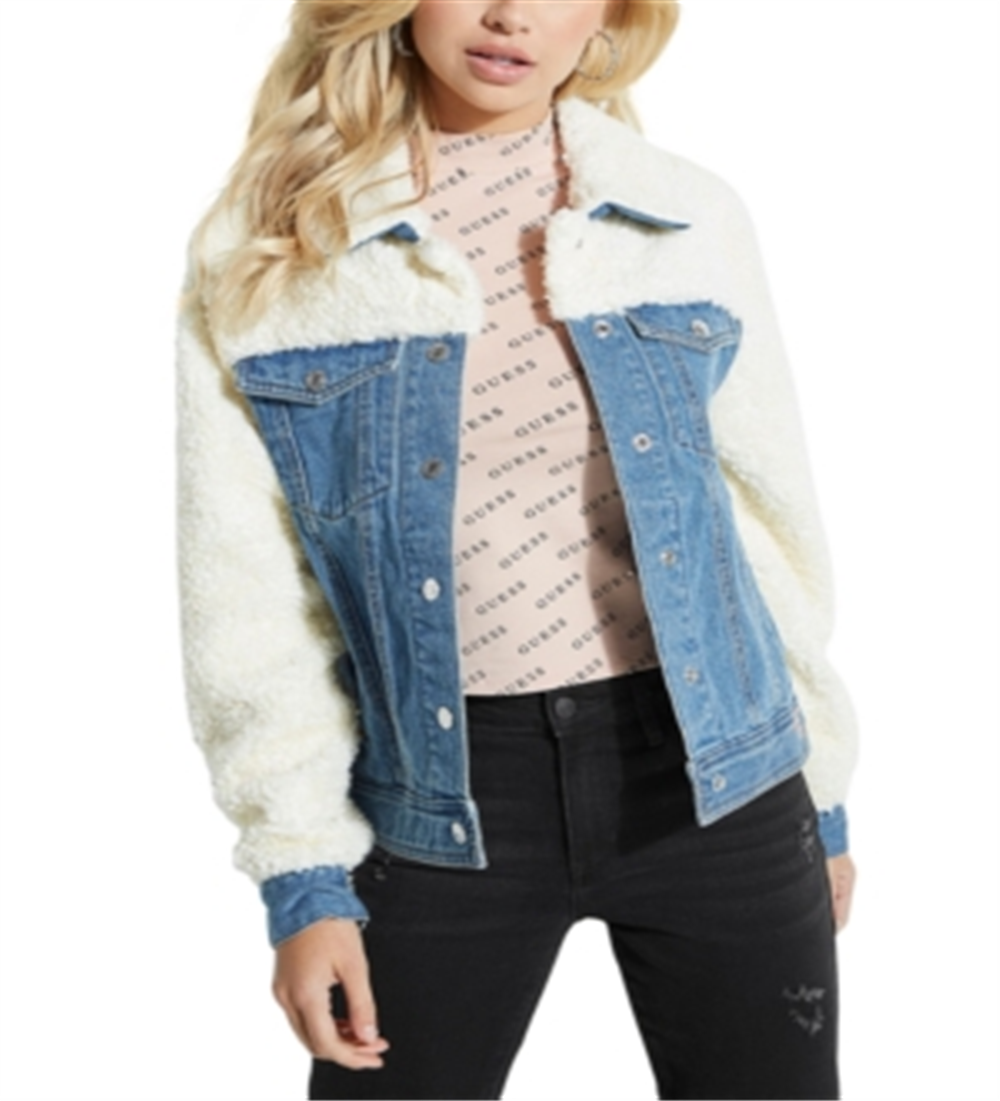 Guess Women's Faux Sherpa Denim Jacket Blue Size X-Large