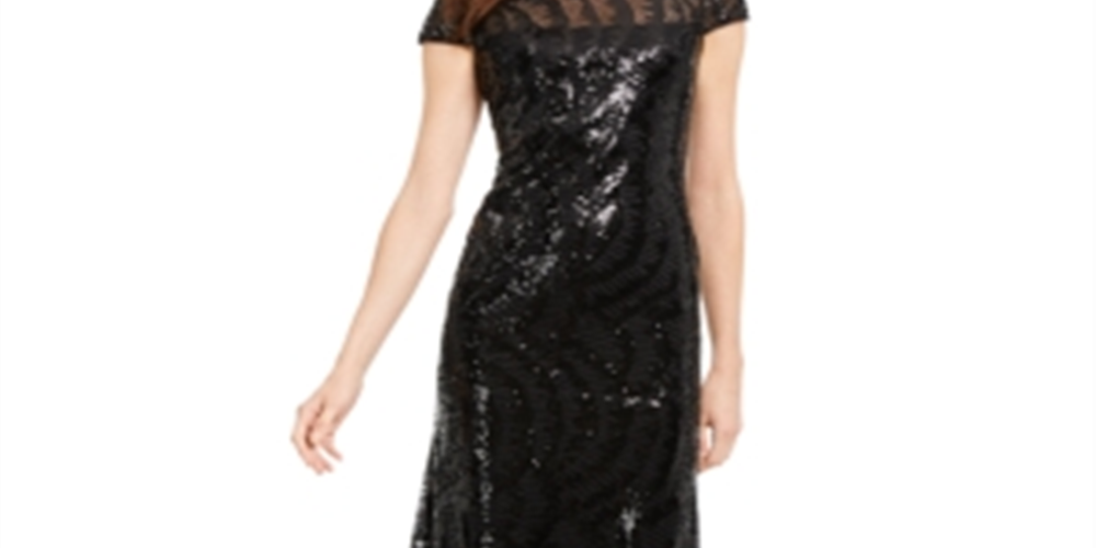 Calvin Klein Women's Cap Sleeve Sequined V Back Gown Black Size 2