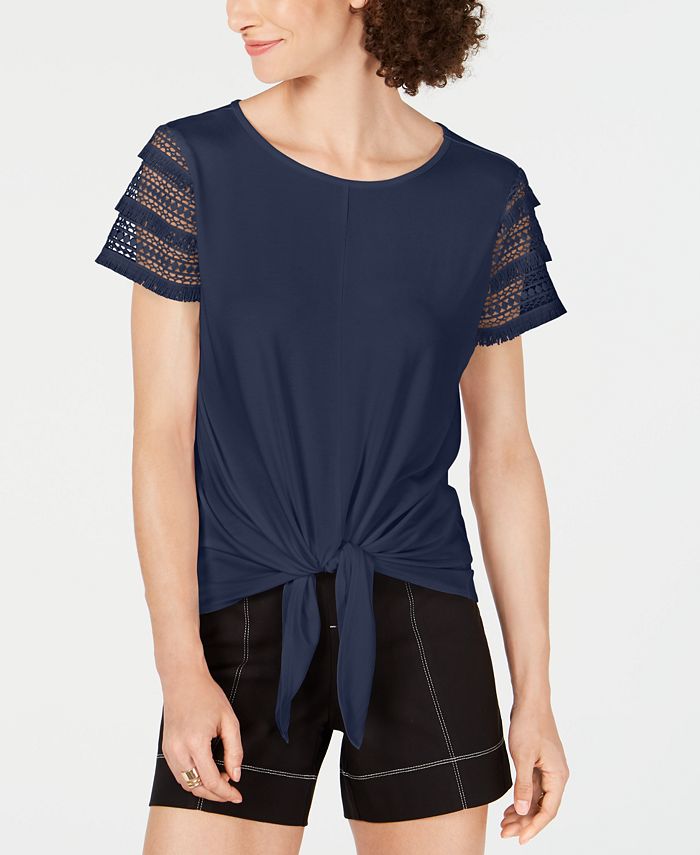 INC International Concepts Women's Plus Lace Sleeve Tie Front Top Blue Size 3X