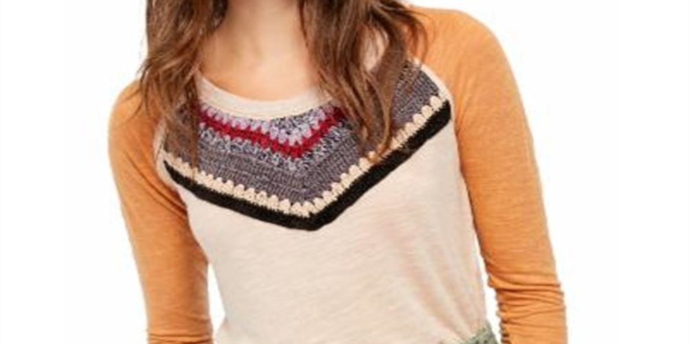 Free People Women's Knitted Front 3/4 Sleeve Crew Neck Top Brown Size Medium