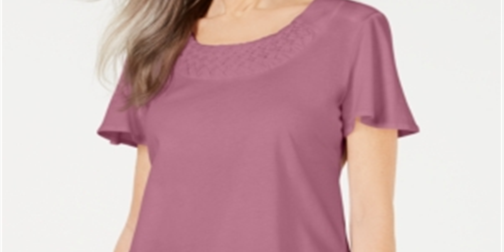 Karen Scott Women's Basketweave Trim Flutter Sleeve Top Pink Size Small