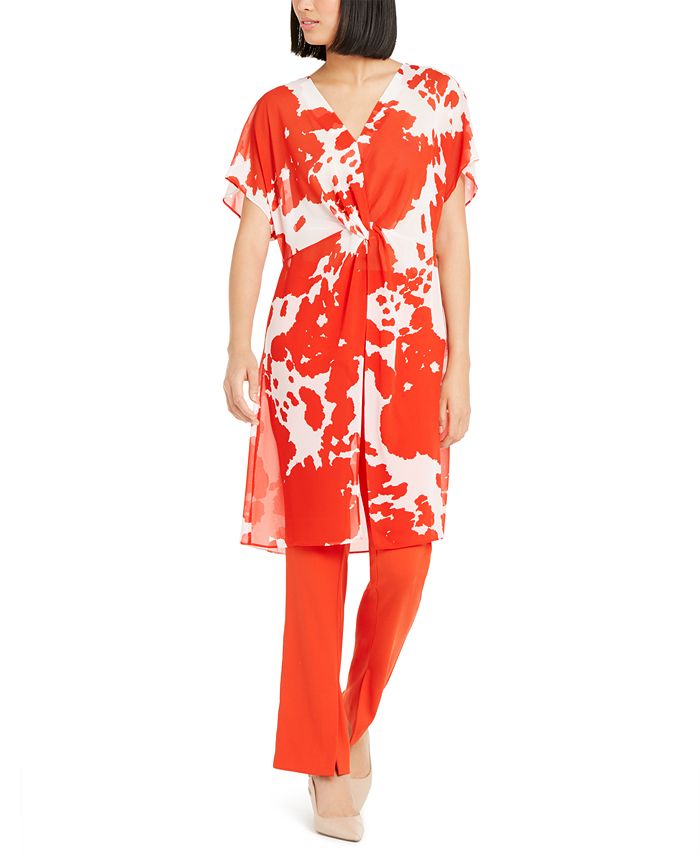Alfani Women's Sheer Twist Front Printed Tunic Blouse Red Size Large