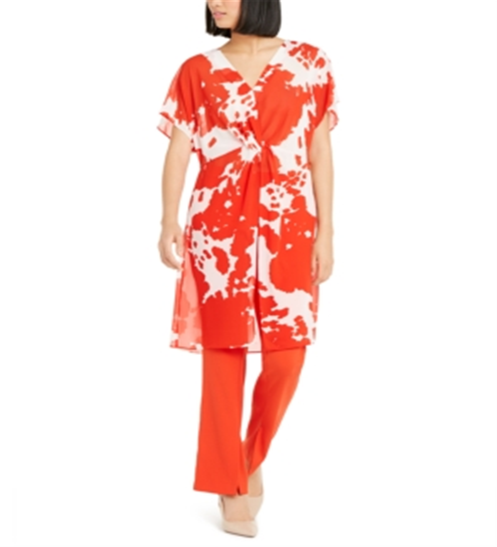 Alfani Women's Sheer Twist Front Printed Tunic Blouse Red Size Large