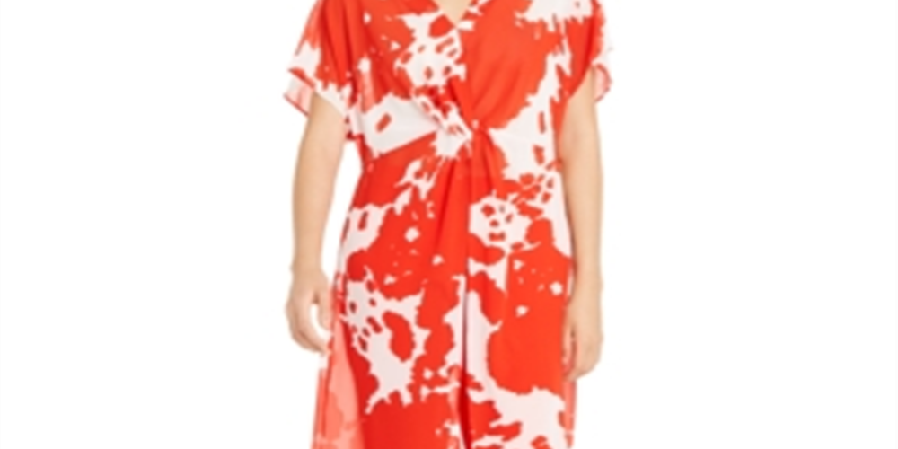 Alfani Women's Sheer Twist Front Printed Tunic Blouse Red Size Large