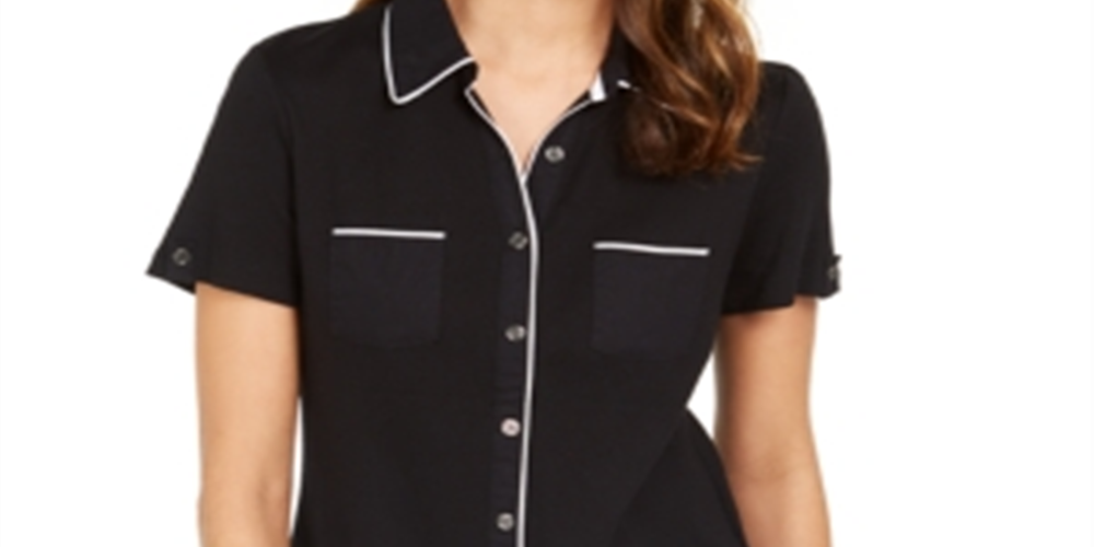 Karen Scott Women's Cotton Piping Button Top Black Size X-Small