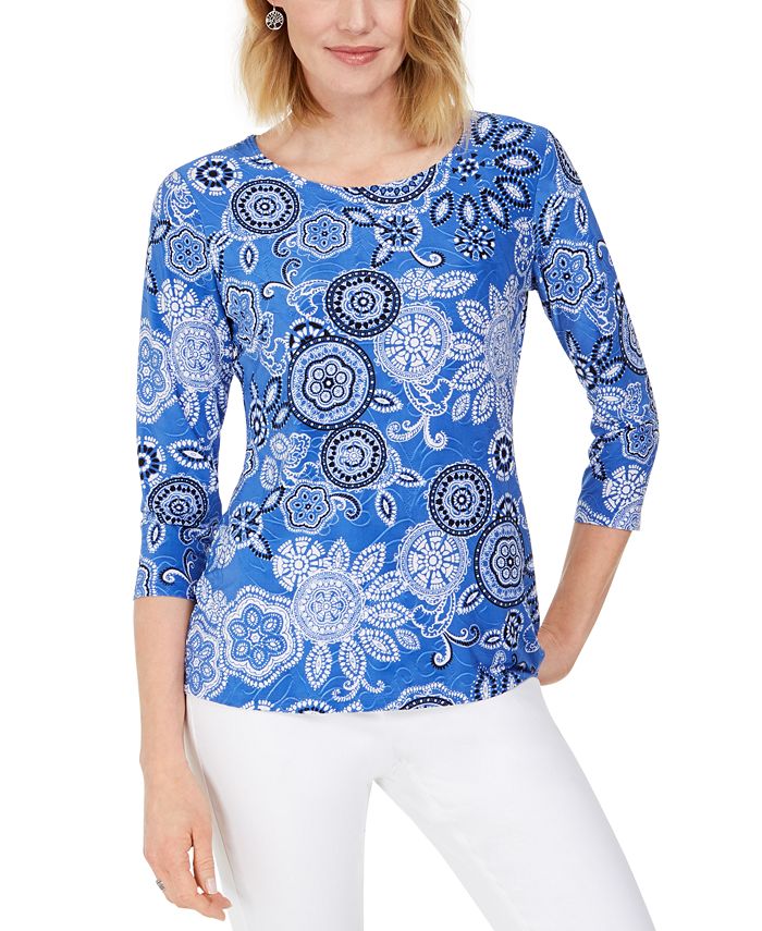 JM Collection Women's Printed Jacquard Top Blue Size Small