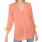Charter Club Women's Coral Ties at Cuffs 3/4 Sleeve V Neck Blouse Coral Size XX-Large