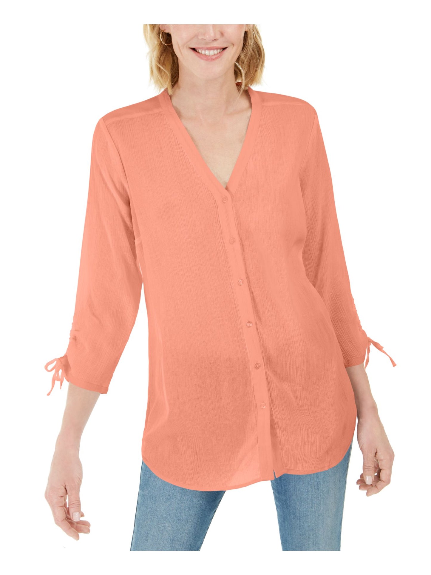 Charter Club Women's Coral Ties at Cuffs 3/4 Sleeve V Neck Blouse Coral Size XX-Large