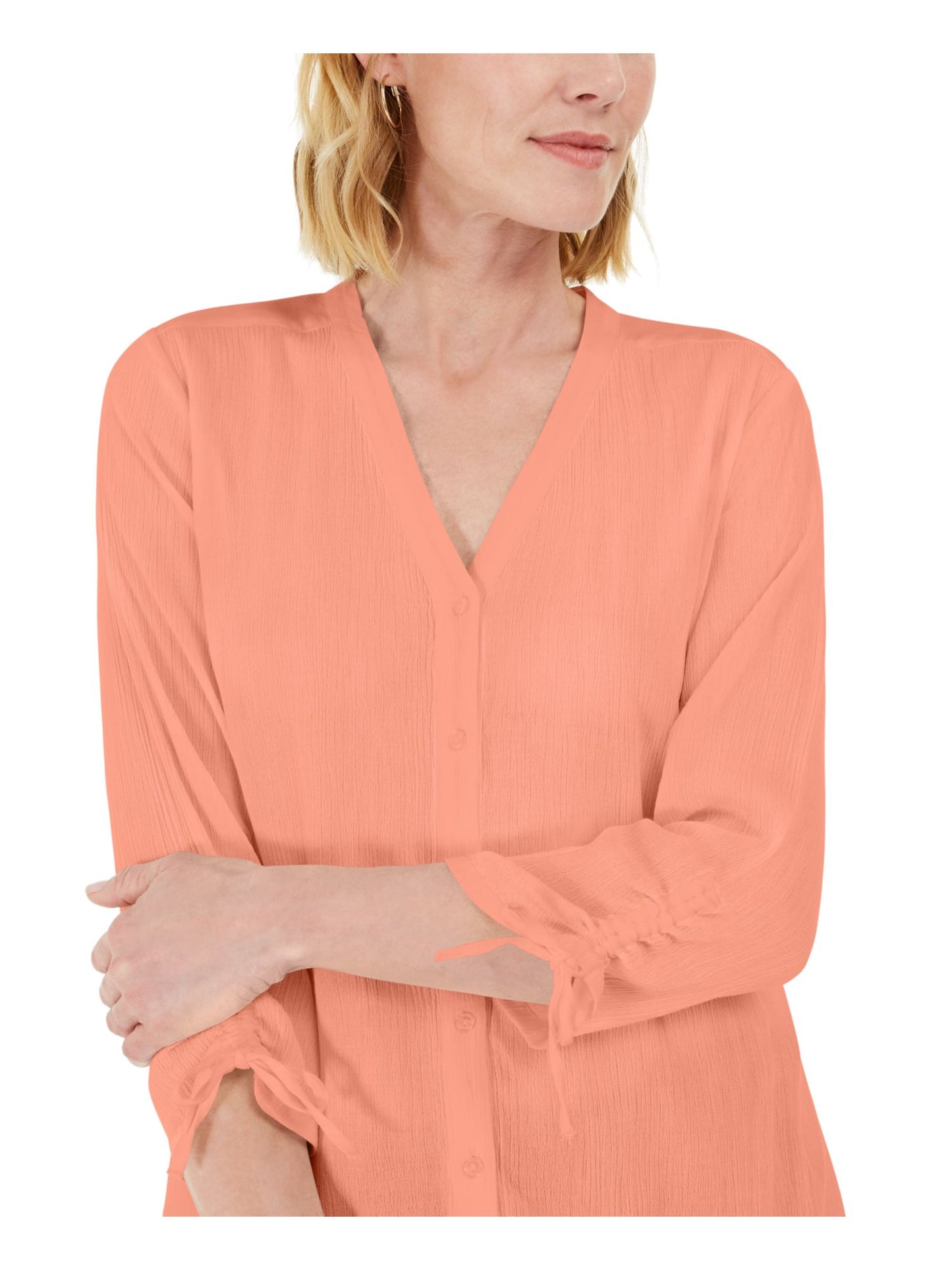 Charter Club Women's Coral Ties at Cuffs 3/4 Sleeve V Neck Blouse Coral Size XX-Large