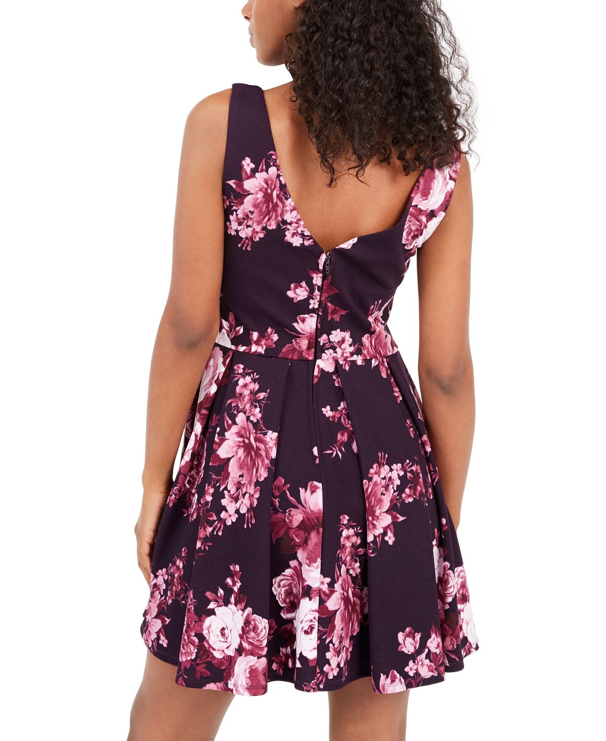 Trixxi Women's Pocketed Zippered Floral Spaghetti Strap Sweetheart Neckline Short Fit Flare Party Dress Purple Size 13