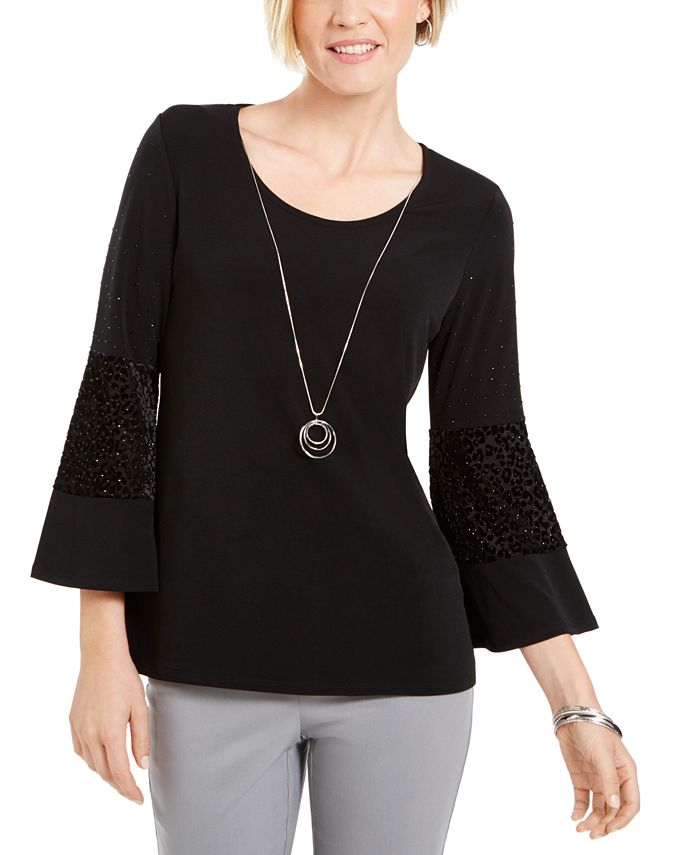 JM Collection Women's Embellished Bell Sleeve Top Black Size X-Large