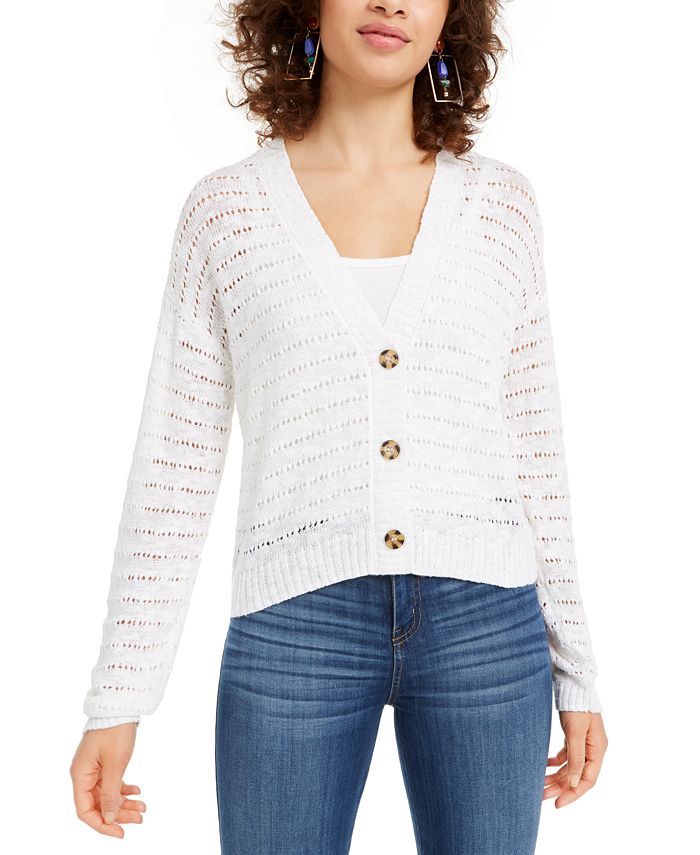 Hooked Up By IOT Junior's Button Front Cardigan White Size Medium