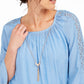 JM Collection Women's Textured Crochet Sleeve Necklace Gauze Top Blue Size XX-Large