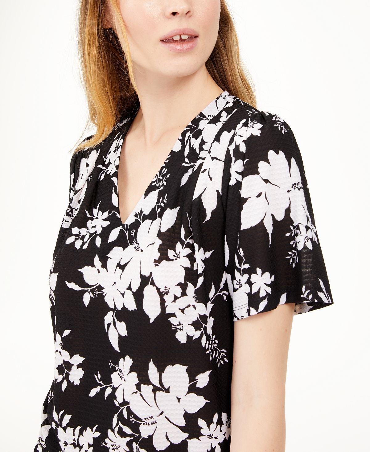 Michael Kors Women's Tropical Shadow Floral V Neck Blouse Black Size Medium