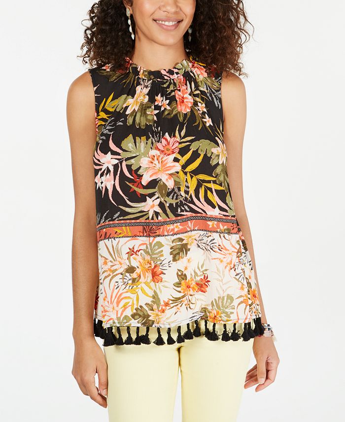 Style & Co Women's Floral Print Tassel Trim Top Black Size Small