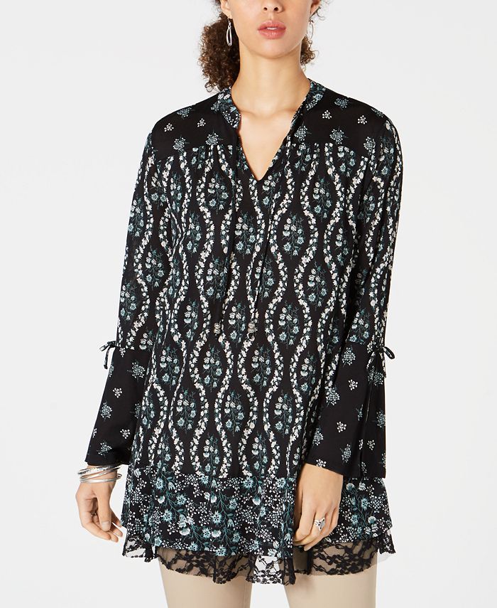 Style & Co Women's Lace Trimmed Bell Sleeve Tunic Top Black Size Medium