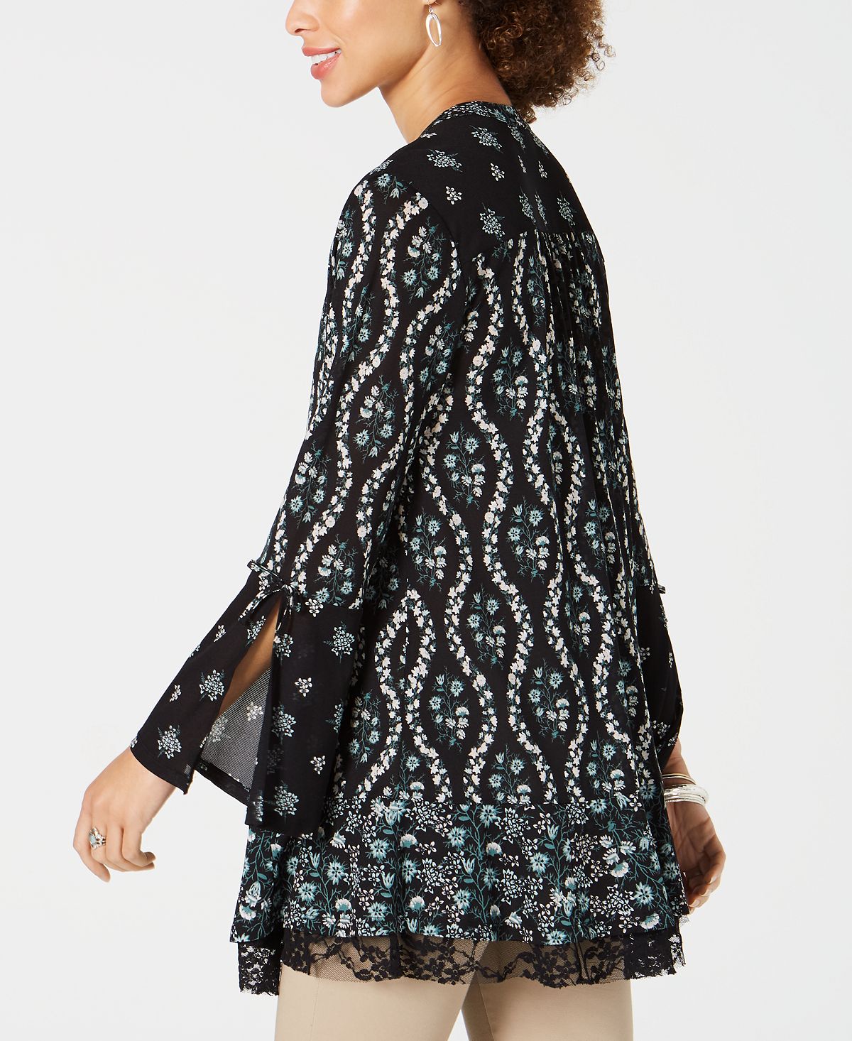Style & Co Women's Lace Trimmed Bell Sleeve Tunic Top Black Size Medium