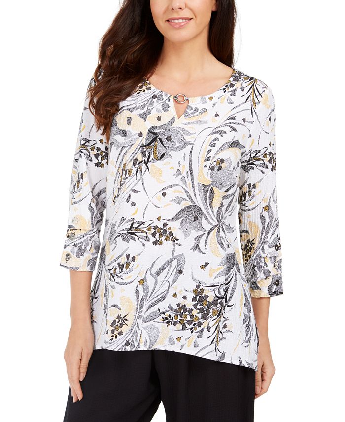 JM Collection Women's Printed Keyhole Crinkle Top White Size X-Small