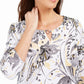 JM Collection Women's Printed Keyhole Crinkle Top White Size X-Small