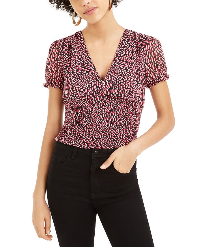 Bar III Women's Smocked Printed Top Red Size X-Large