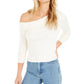 Bar III Women's Long Sleeve Asymmetrical Neckline Top White Size Large