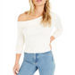 Bar III Women's Long Sleeve Asymmetrical Neckline Top White Size Large
