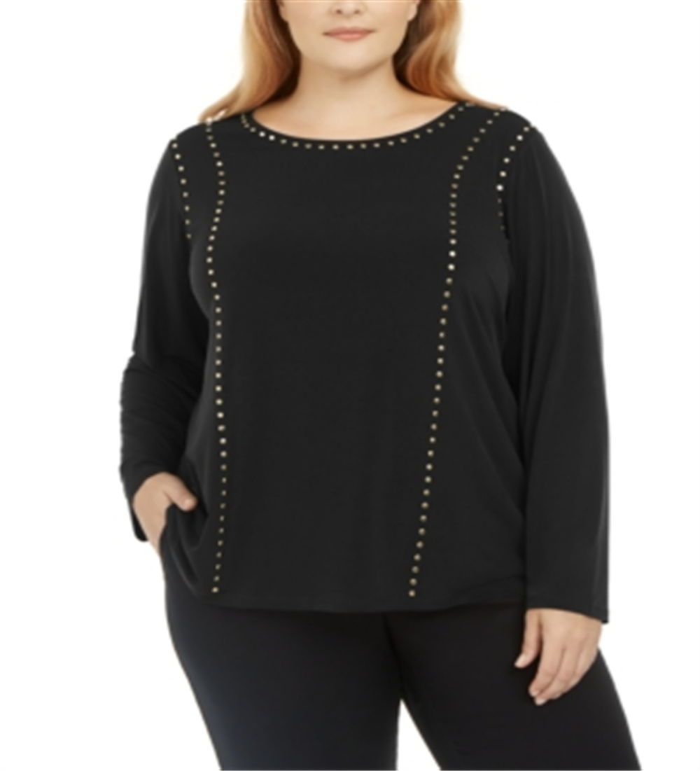 Calvin Klein Women's Crew Neck with Stud Detail Top Black Size 0X
