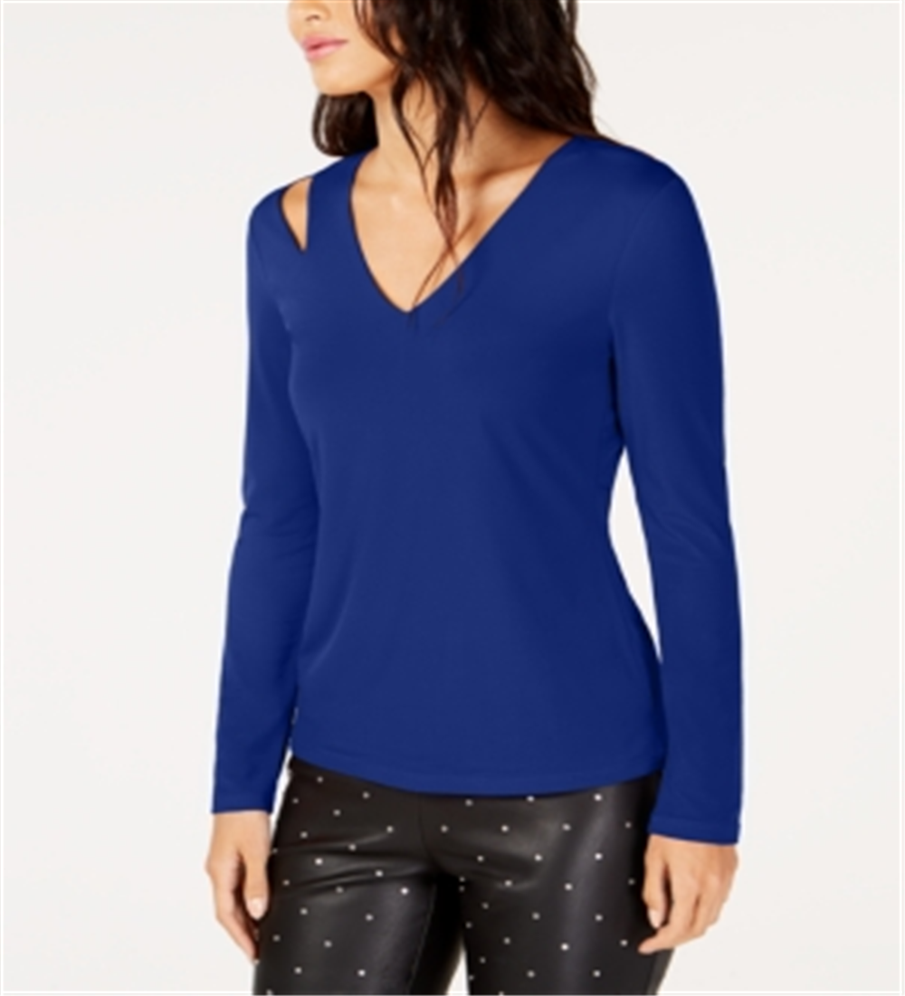 INC International Concepts Women's Cut Out V Neck Pullover Top Blue Size Small