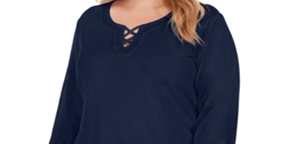 Karen Scott Women's Cotton Crisscross Trim Top Blue Size 0X