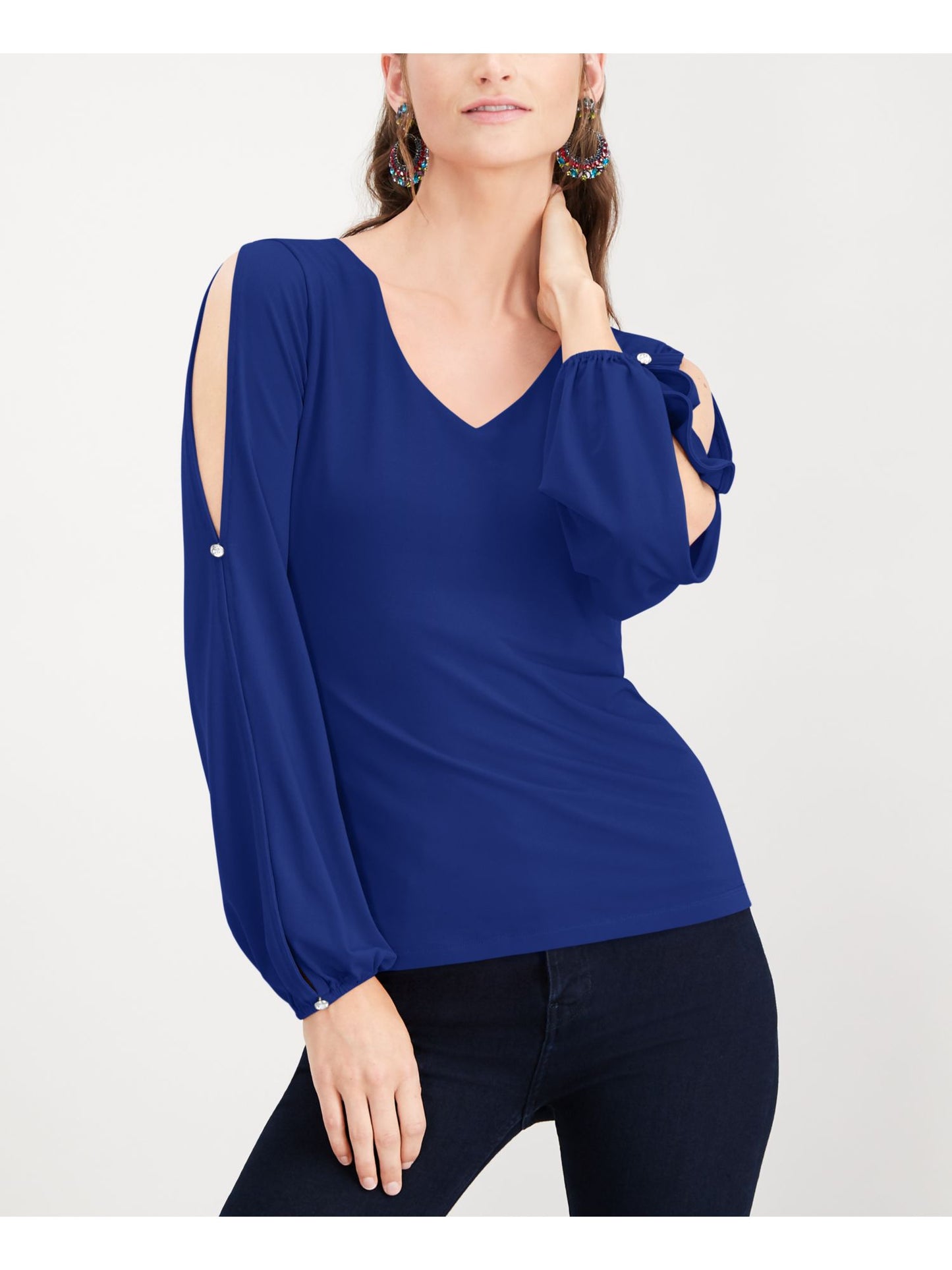 INC International Concepts Women's Split Sleeve Rhinestone Button Top Blue Size XX-Large