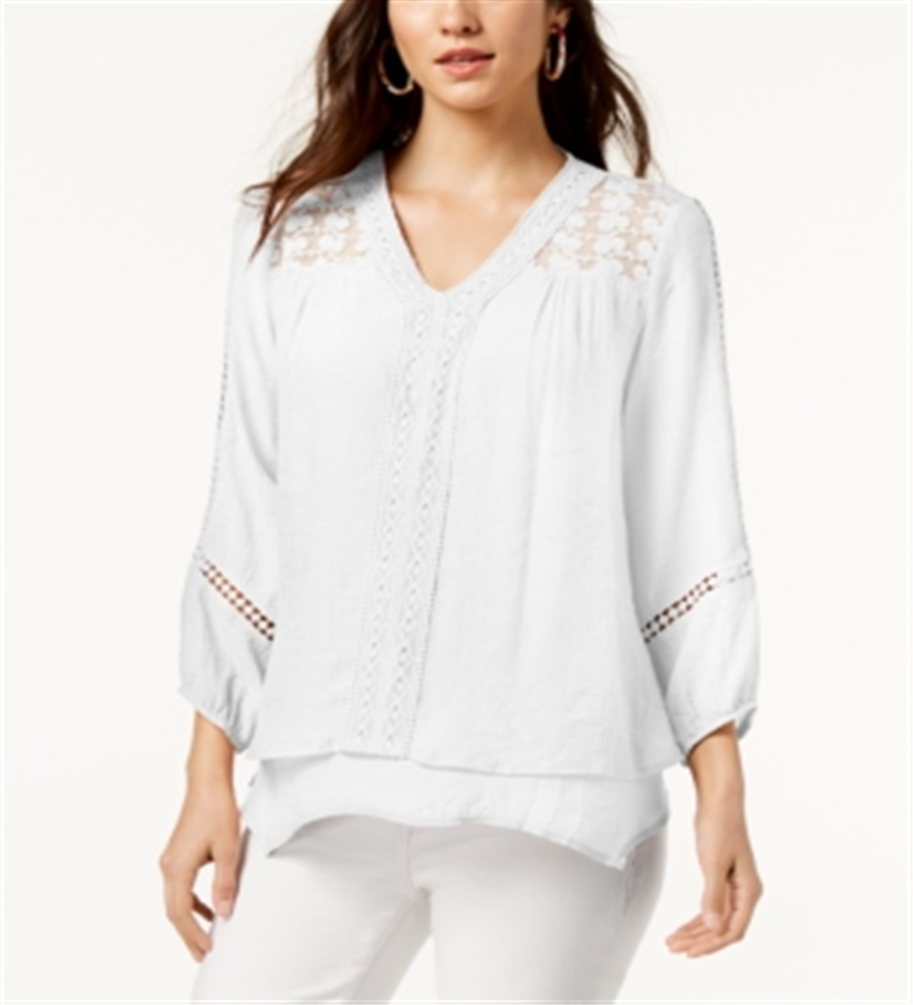 Style & Co Women's Lace Yoke Handkerchief Hem Top White Size Large