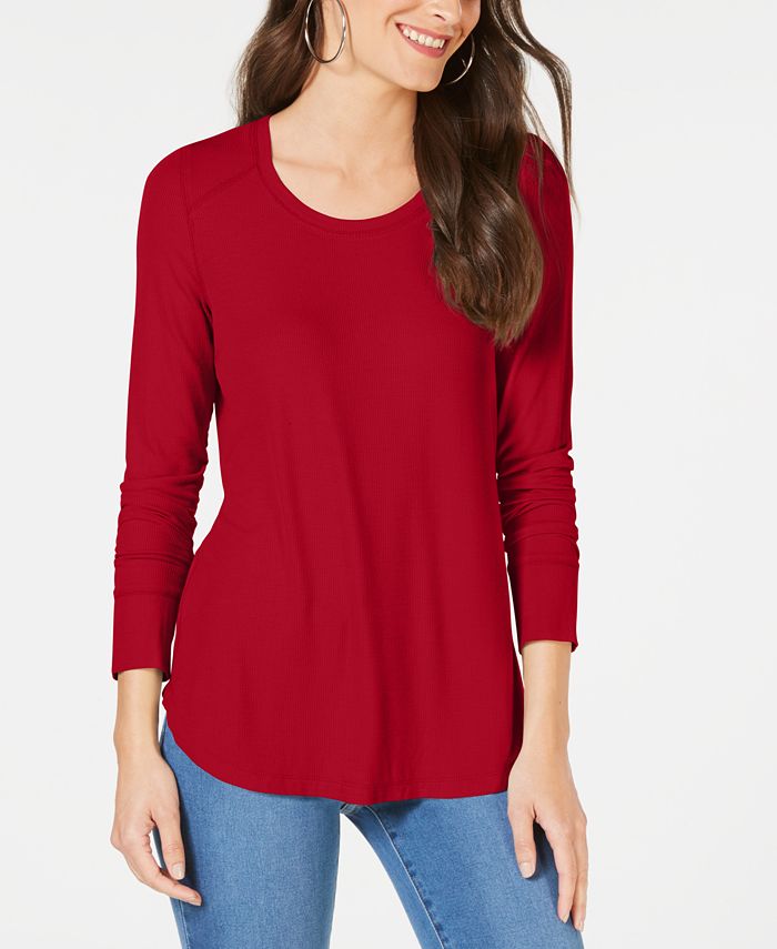 INC International Concepts Women's Ribbed Long Sleeve T-Shirt Red Size X-Large