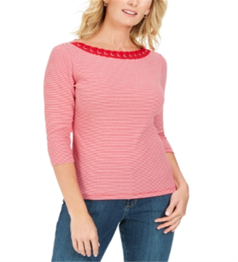 Karen Scott Women's Printed 3/4 Sleeve Cotton Top Red Size Petite L