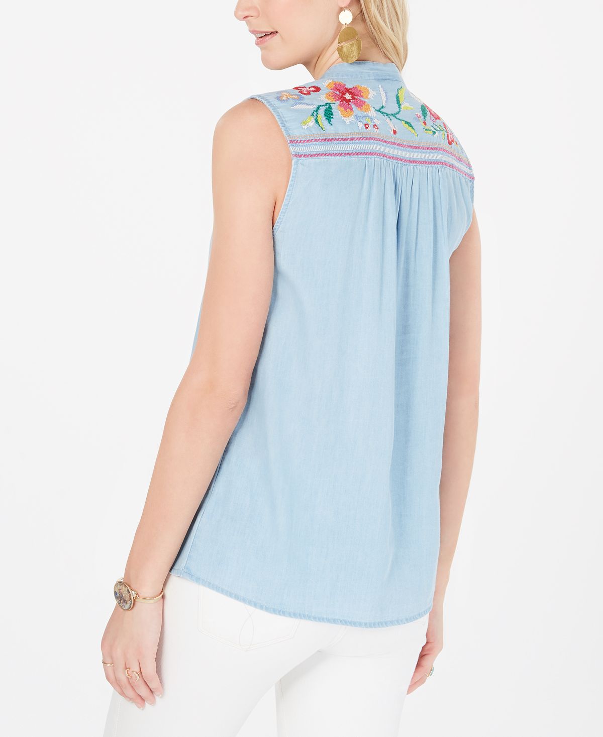 Style & Co Women's  Embroidered Button-up Top  Blue Size XL