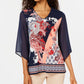 JM Collection Women's V Neck Printed Chiffon Sleeve Top Blue Size L